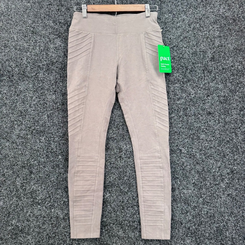 Pact Organic Cotton Moto Leggings Taupe Gray Ribbed Detail Size Medium NWT
